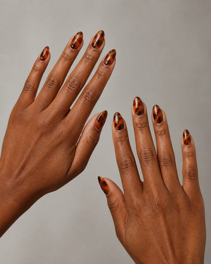 Brown tortoiseshell nail art on almond nails